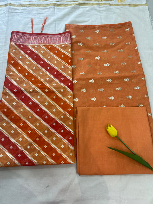 Rust orange golden butti banarasi 3 piece set with diagonal striped dupatta