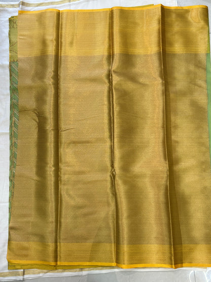 Pista Green with Yellow border with Antique Gold Zari Linen Tissue Banarasi saree with Brocade blouse piece