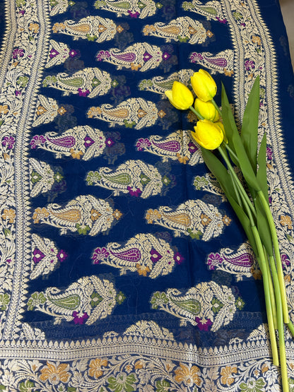Authentic Handloom Pure Khaddi Georgette Banarasi Saree – Midnight Navy Blue with Meenakari Weaving