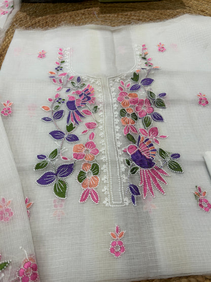 Ivory White Embroidered Mix Cotton Kota Doria 3-Piece Unstitched Suit Set