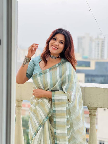 Pure tissue and Organza silver and golden vertical striped saree SO220