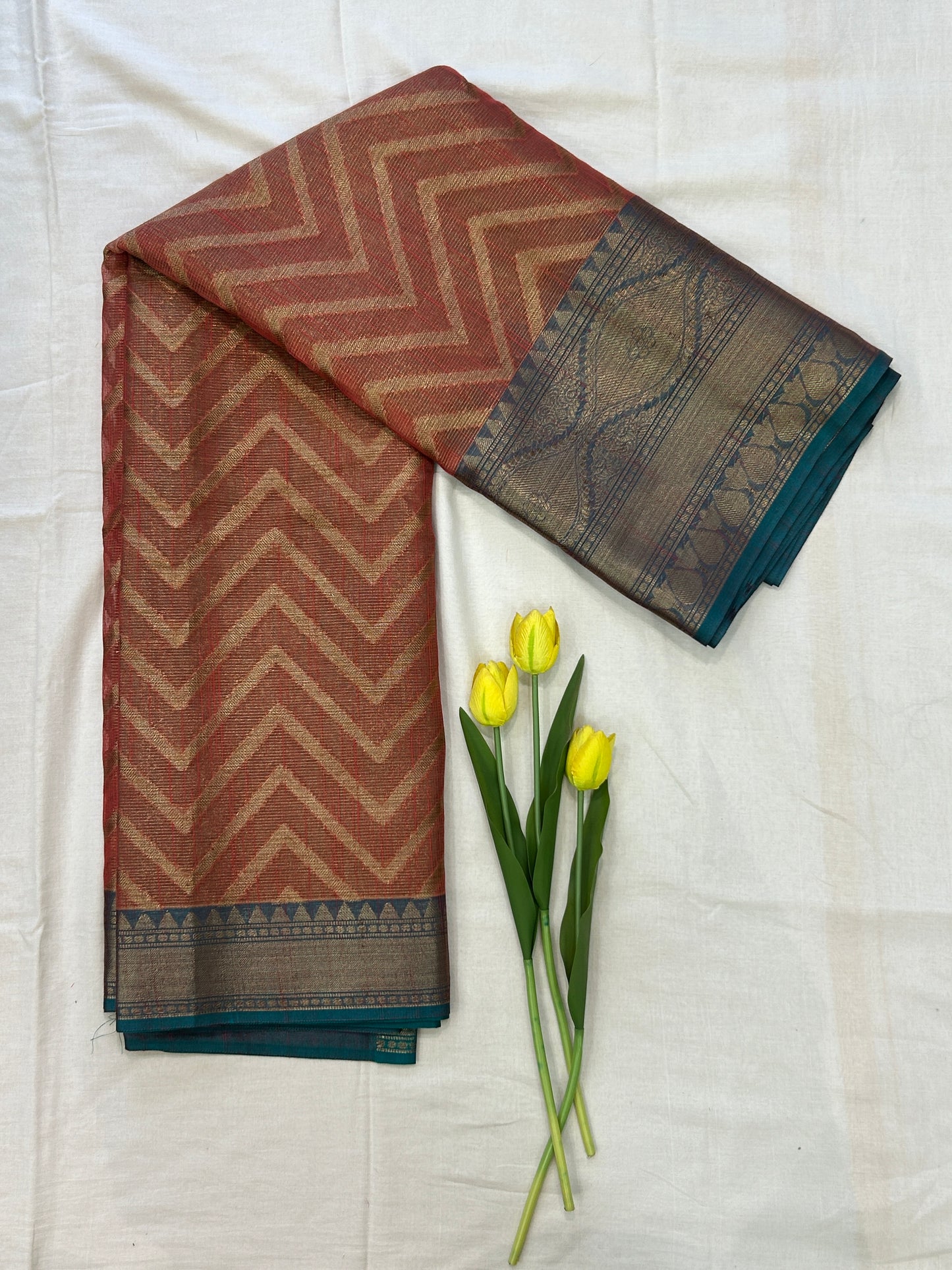 Burnt Orange with Teal blue border with Antique Gold Zari Linen Tissue Banarasi saree with Brocade blouse piece