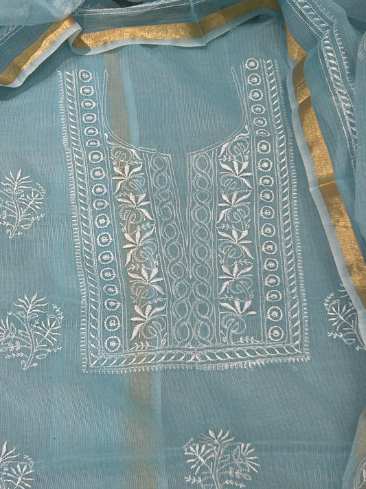 Aqua Blue Mix Cotton Kota Doria Unstitched Suit Set