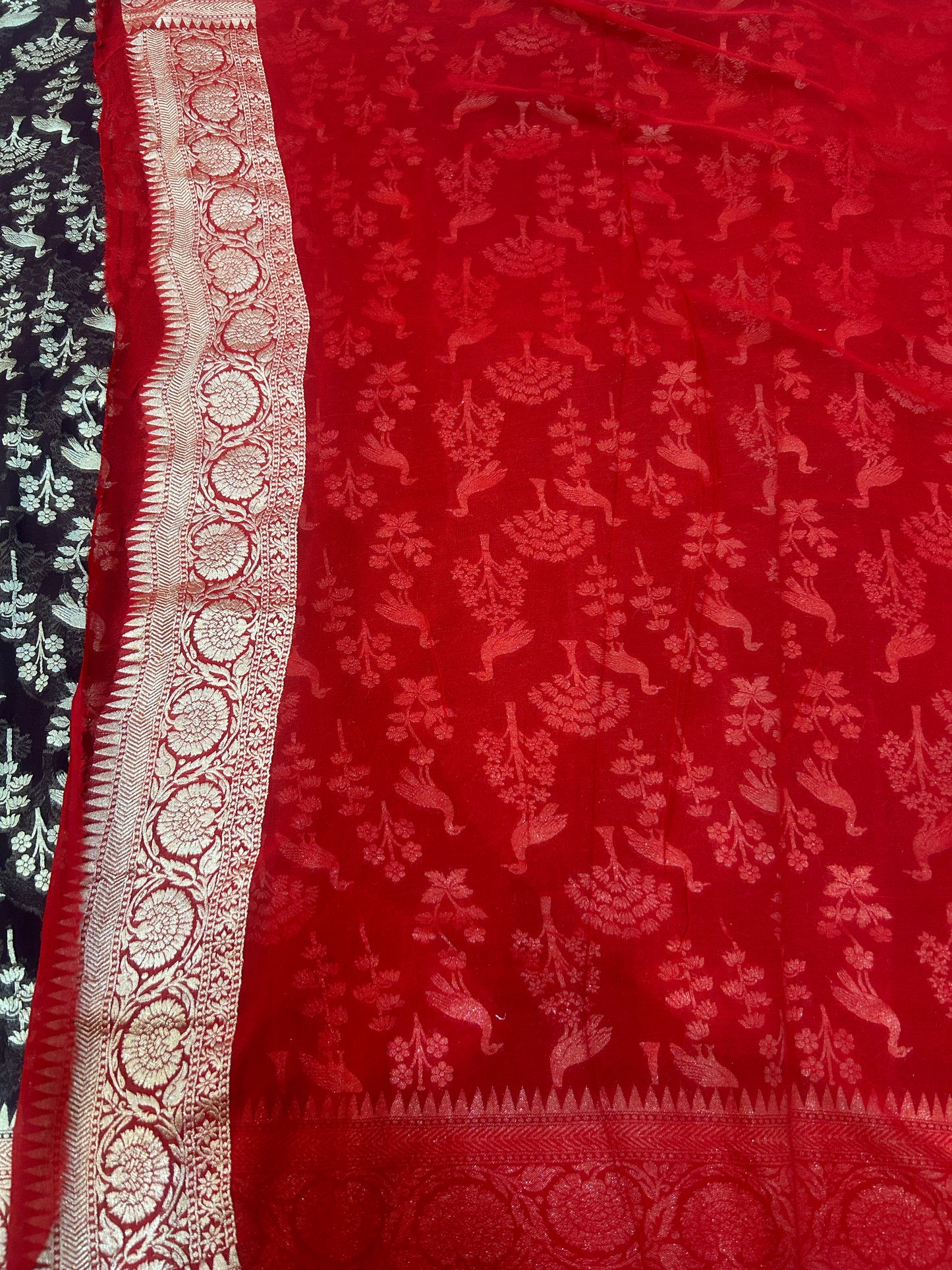 Dark coffee brown Handwoven Handloom Khaddi Georgette Banarasi Saree with contrast red blouse