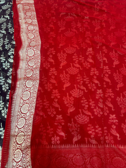 Dark coffee brown Handwoven Handloom Khaddi Georgette Banarasi Saree with contrast red blouse