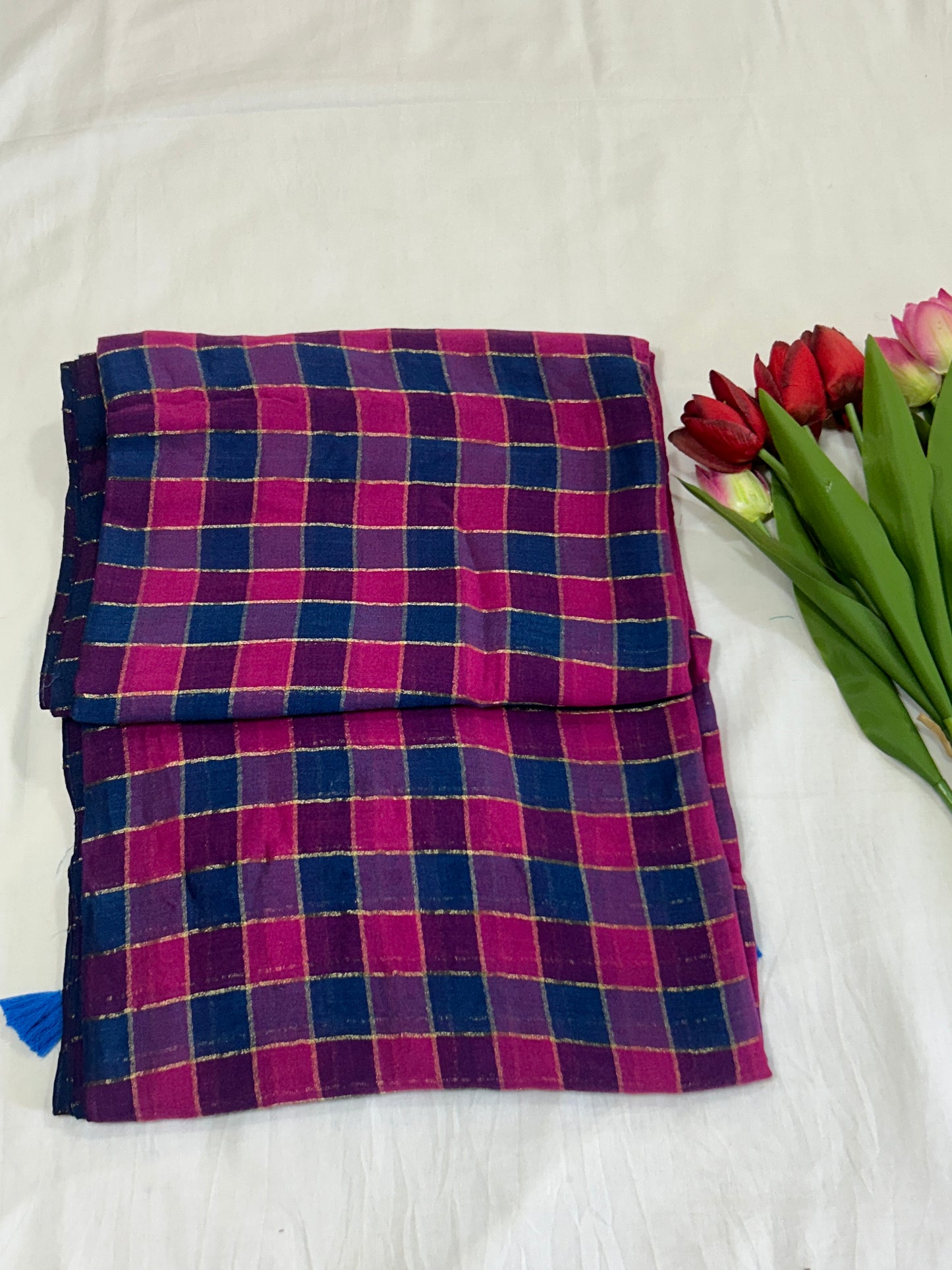 Rainbow mulcotton with majenta and teal blue checked pattern body and vertical striped pallu SMC 233