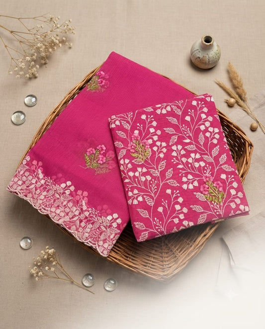 Rani Pink Mixed Cotton Kota Doria Unstitched Suit Set