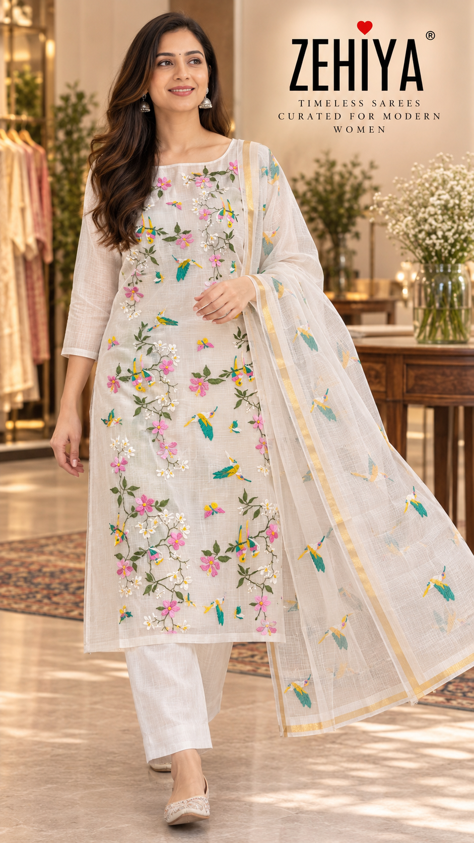 White Embroidered Kota Doria 3-Piece Dress Material