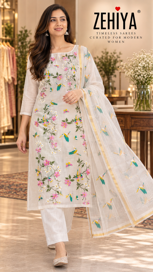 White Embroidered Kota Doria 3-Piece Dress Material