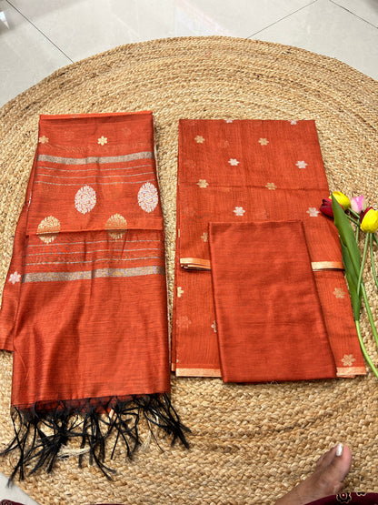 Rust Orange Cotton Silk  Banarasi 3-Piece Suit Material