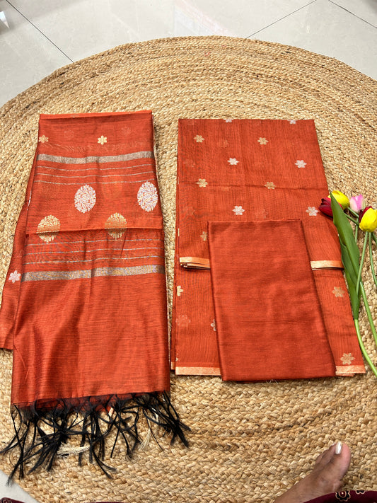 Rust Orange Cotton Silk  Banarasi 3-Piece Suit Material