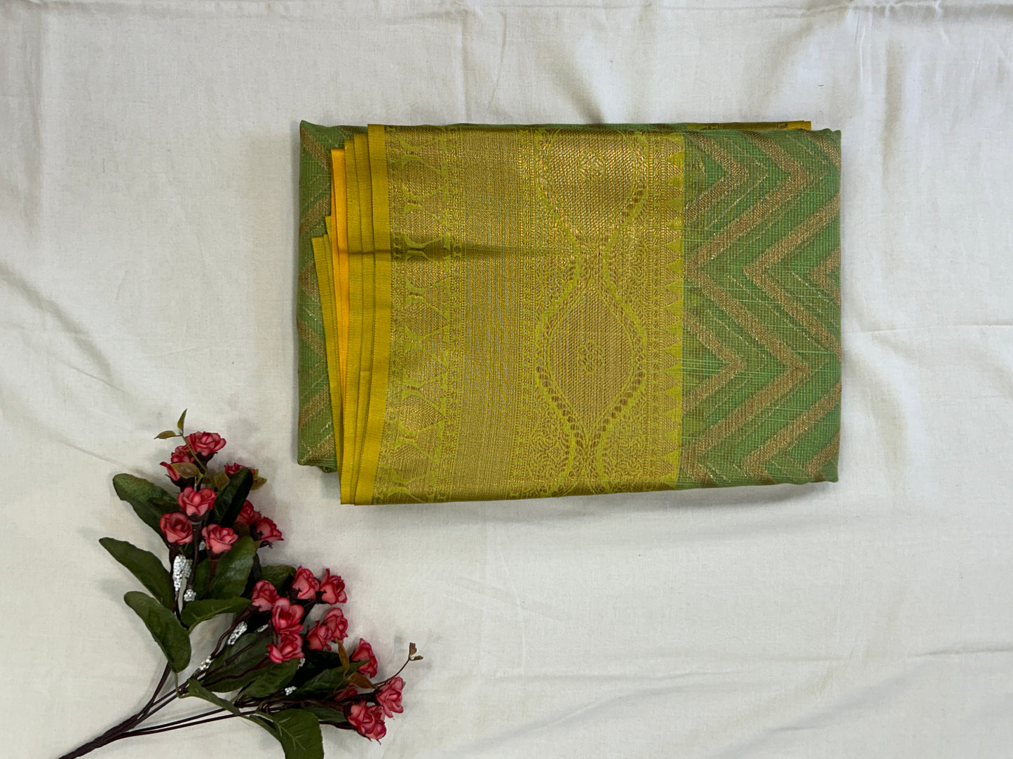 Pista Green with Yellow border with Antique Gold Zari Linen Tissue Banarasi saree with Brocade blouse piece