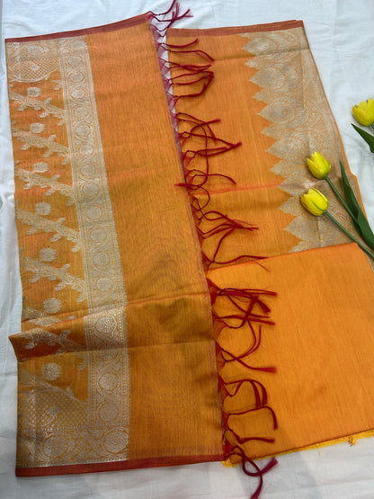 Mango yellow with Solid color body Banarasi 3 piece set