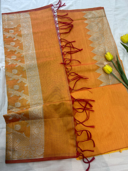 Mango yellow with Solid color body Banarasi 3 piece set