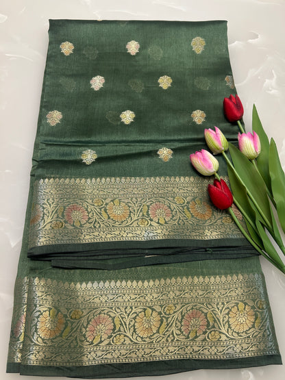 Sage green color Dupion Silk Handloom Banarasi Saree (Copy)