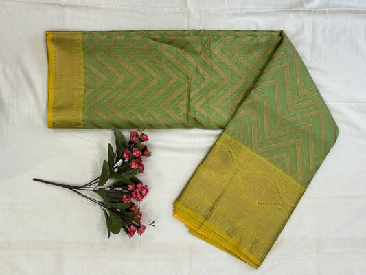 Pista Green with Yellow border with Antique Gold Zari Linen Tissue Banarasi saree with Brocade blouse piece