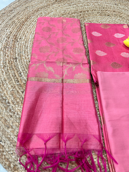 Peach Pink  Cotton Silk  Banarasi 3-Piece Suit Material