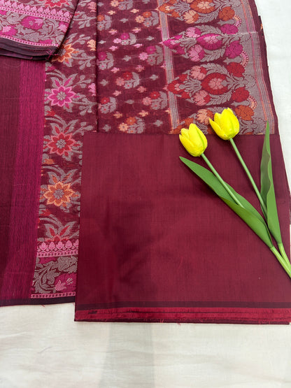 Handwoven maroon Cotton silk Unstitched Banarasi Suit Set with Resham Weaving