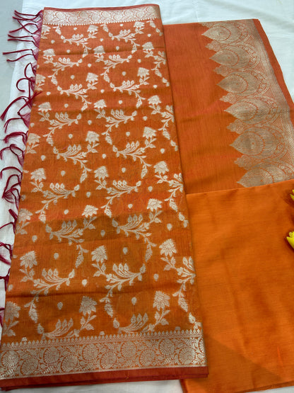Burnt Orange color with Solid color body Banarasi 3 piece set