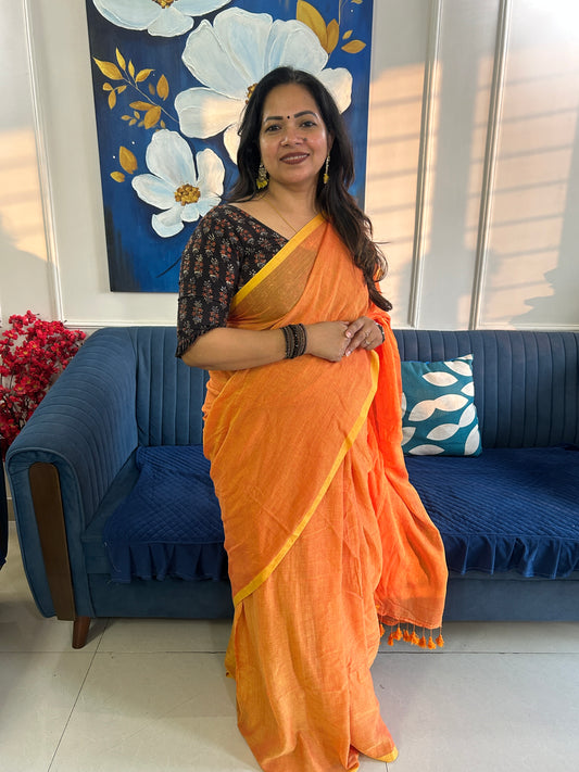 Orange color plain Mulcotton saree (No blouse piece)