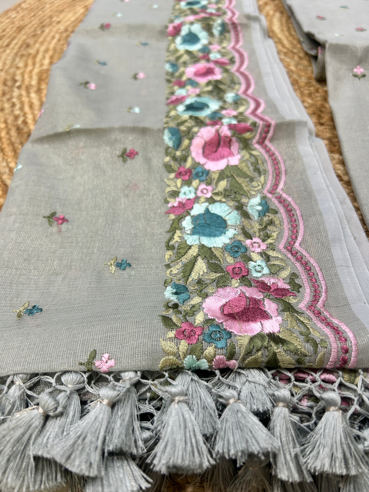 Silver Grey Pure Mul Tissue Parsi Embroidery Dress Material