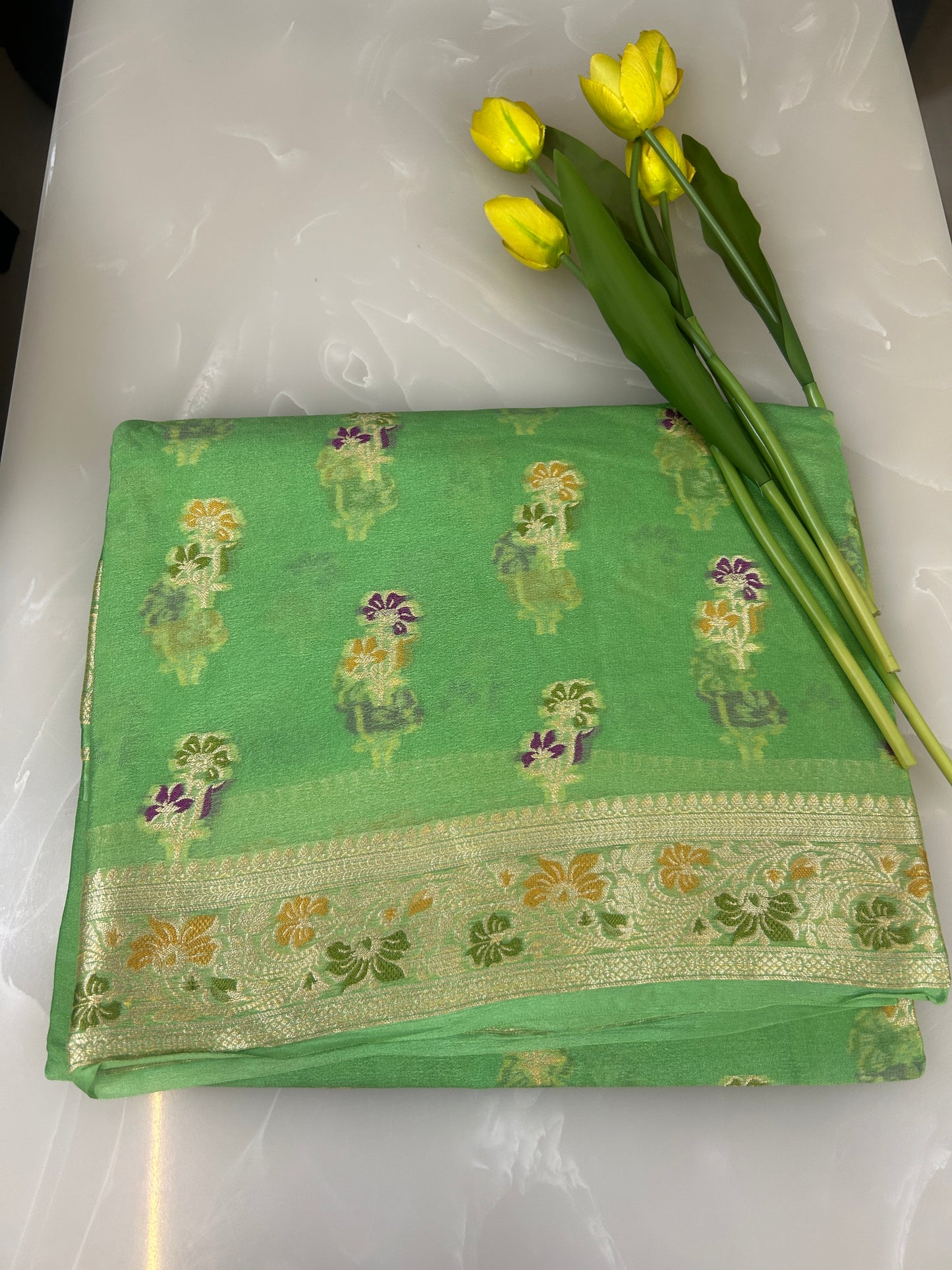 Authentic Handloom Pure Khaddi Georgette Banarasi Saree – Mint Green with Meenakari Weaving
