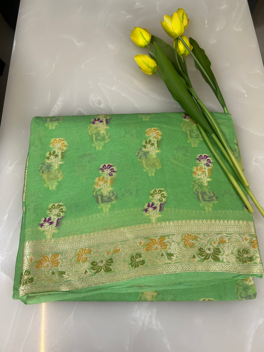 Authentic Handloom Pure Khaddi Georgette Banarasi Saree – Mint Green with Meenakari Weaving