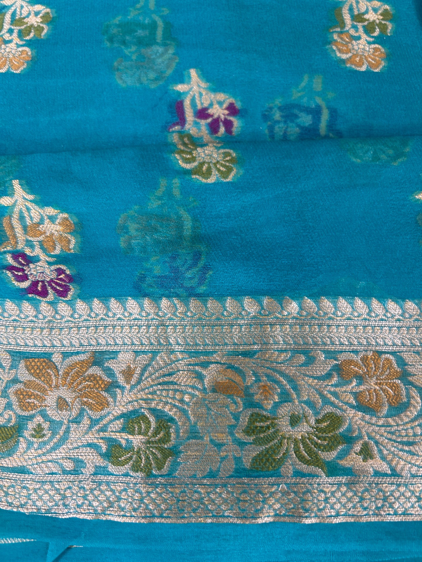 Authentic Handloom Pure Khaddi Georgette Banarasi Saree – Turquoise Blue with Meenakari Weaving