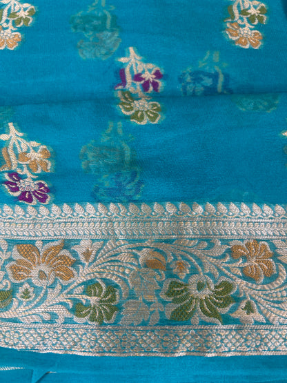 Authentic Handloom Pure Khaddi Georgette Banarasi Saree – Turquoise Blue with Meenakari Weaving