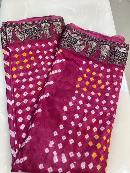 Pinkish Magenta color Bandini saree with woven figure motifs all over the borders with plain blouse piece SB206