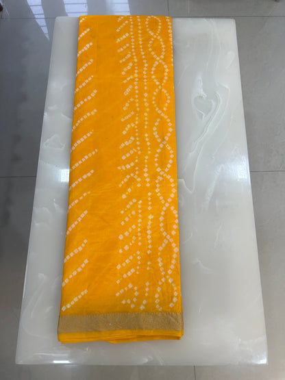 Mango yellow  Bandhani Saree with Lehariya pattern and  Zari Border SB190