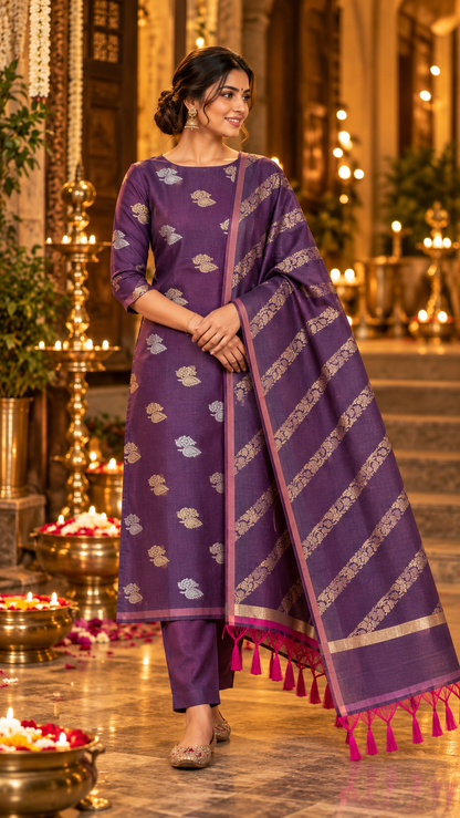 Plum Purple Cotton Silk  Banarasi 3-Piece Suit Material
