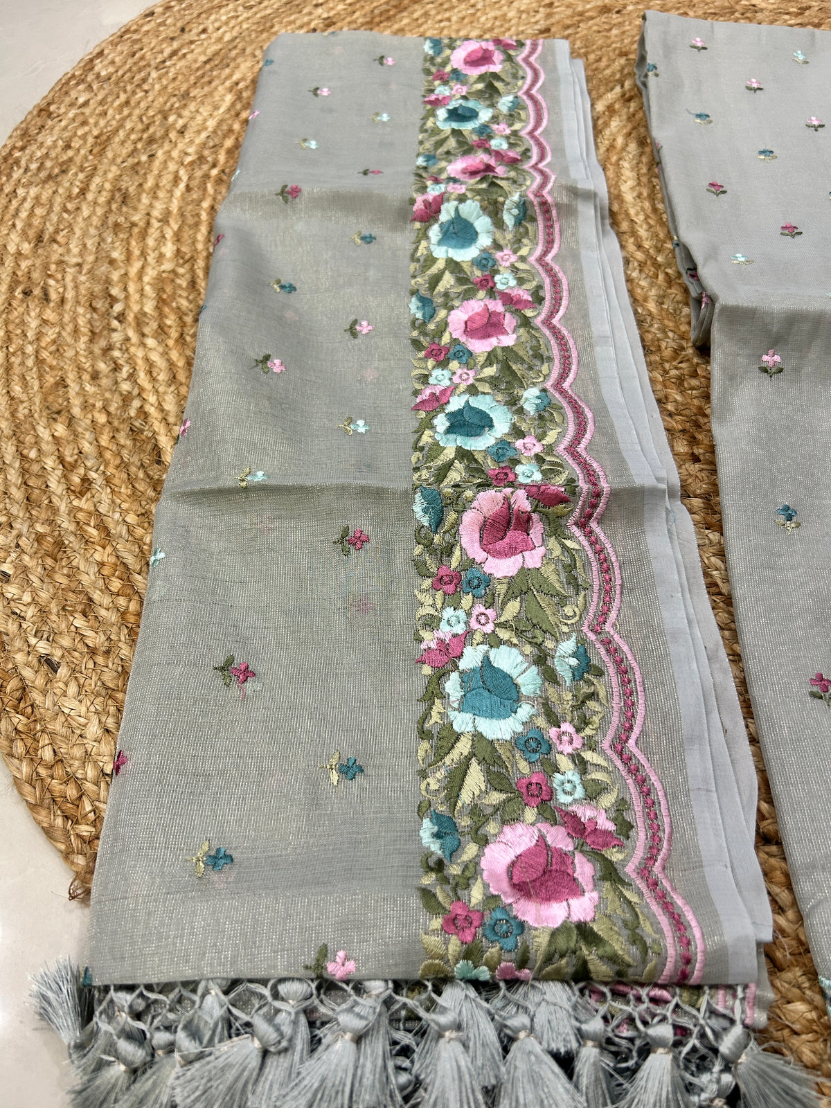 Silver Grey Pure Mul Tissue Parsi Embroidery Dress Material