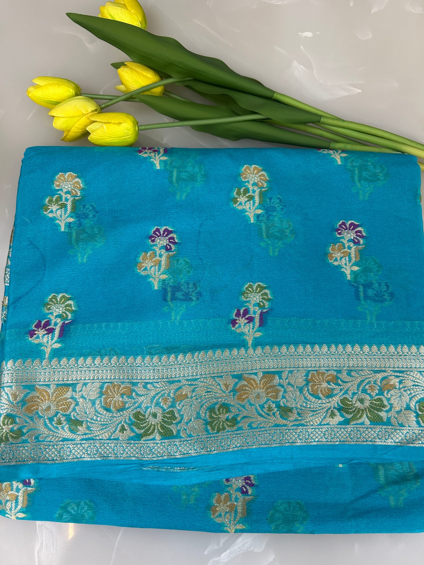 Authentic Handloom Pure Khaddi Georgette Banarasi Saree – Turquoise Blue with Meenakari Weaving
