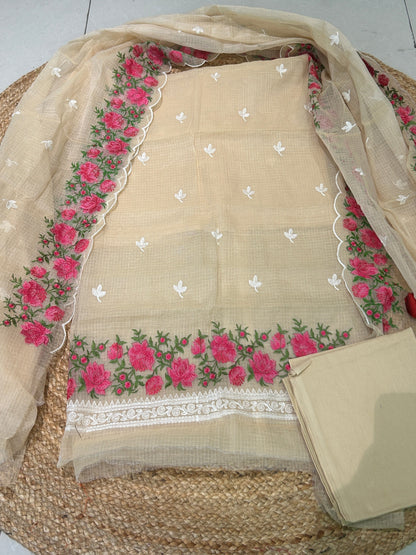 Beige Floral Embroidered Mix-Cotton Unstitched Suit Set
