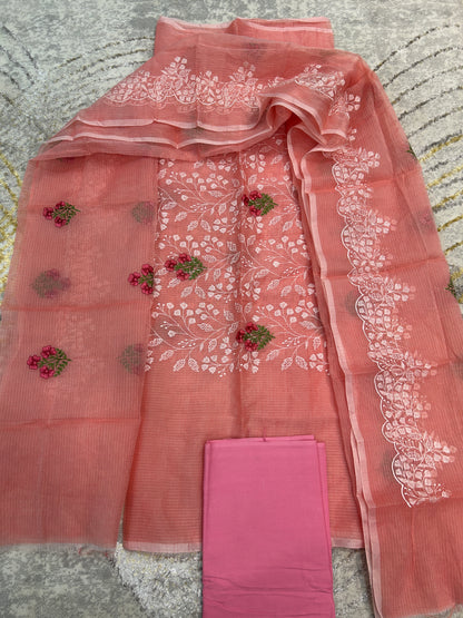 Peach color Embroidered Kota Doria 3 piece unstitched Dress Material