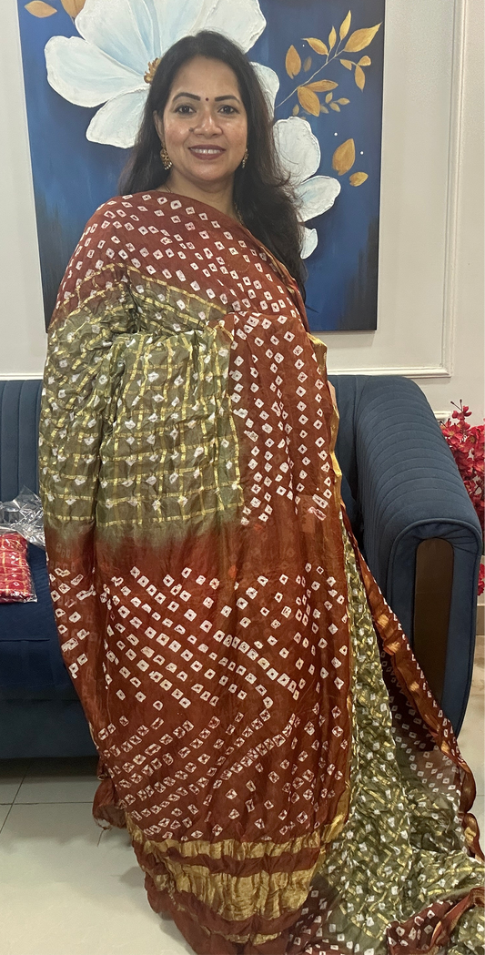 Coffee brown  and Olive  Bandhej saree with blouse piece SB209