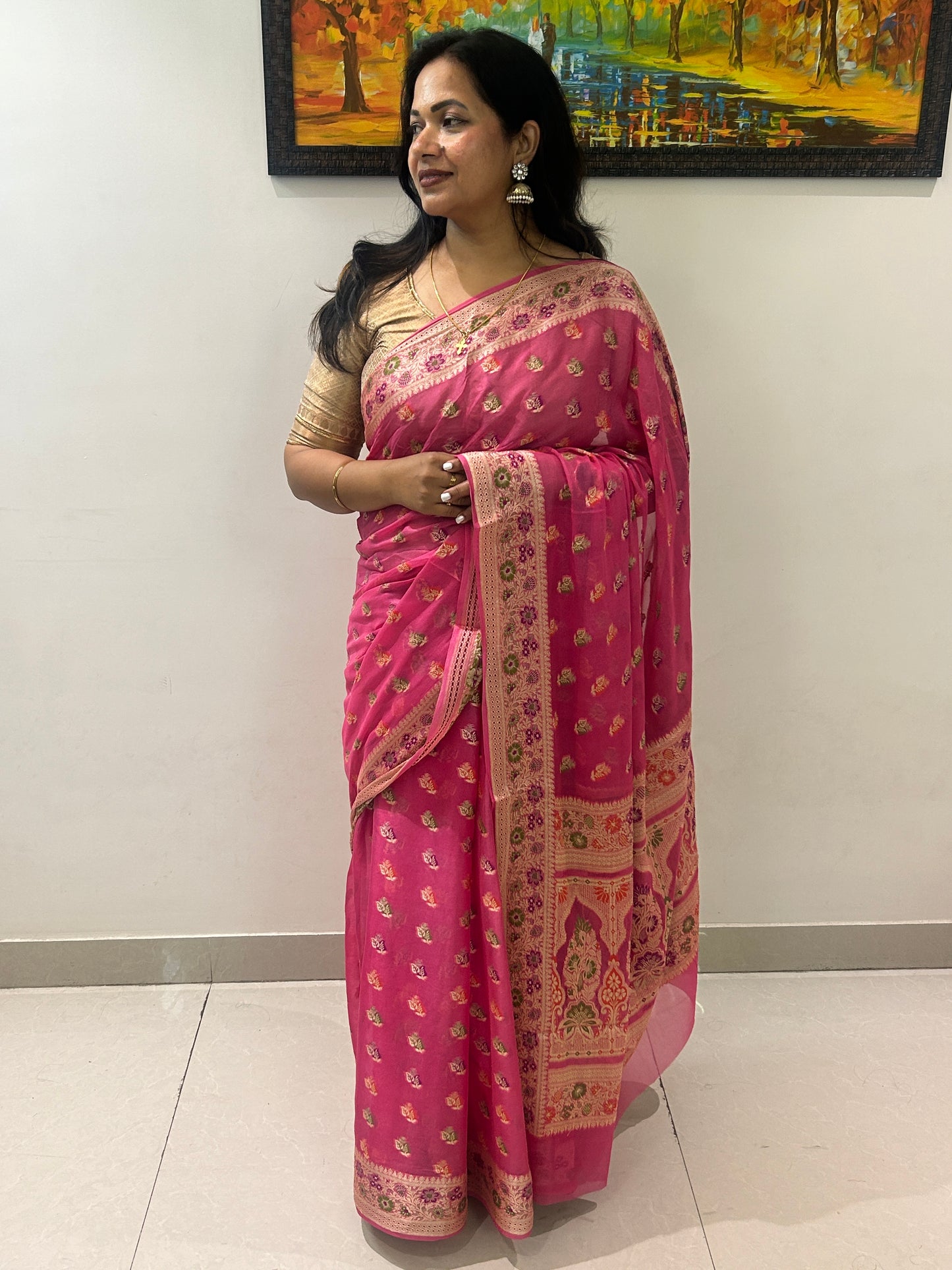 Authentic Handloom Pure Khaddi Georgette Banarasi Saree – Candy Pink with Meenakari Floral Border