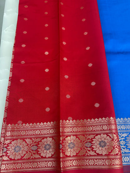 Royal Blue Katan Semi Silk Banarasi Saree with Contrast Red Brocade Pallu and Blouse Piece SSB225