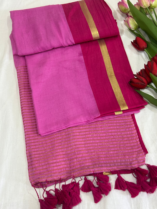 Light Pink mulcotton saree with dark pink with golden stripe border an tassels SMC236