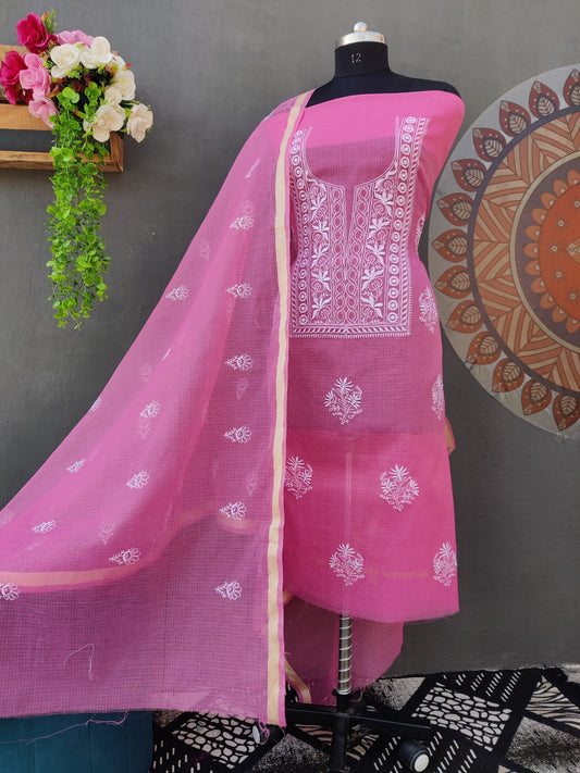 Rani Pink Mixed Cotton Kota Doria Unstitched Suit Set