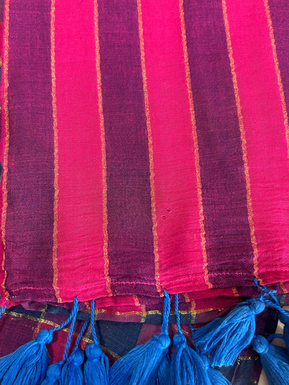 Rainbow mulcotton with majenta and teal blue checked pattern body and vertical striped pallu SMC 233