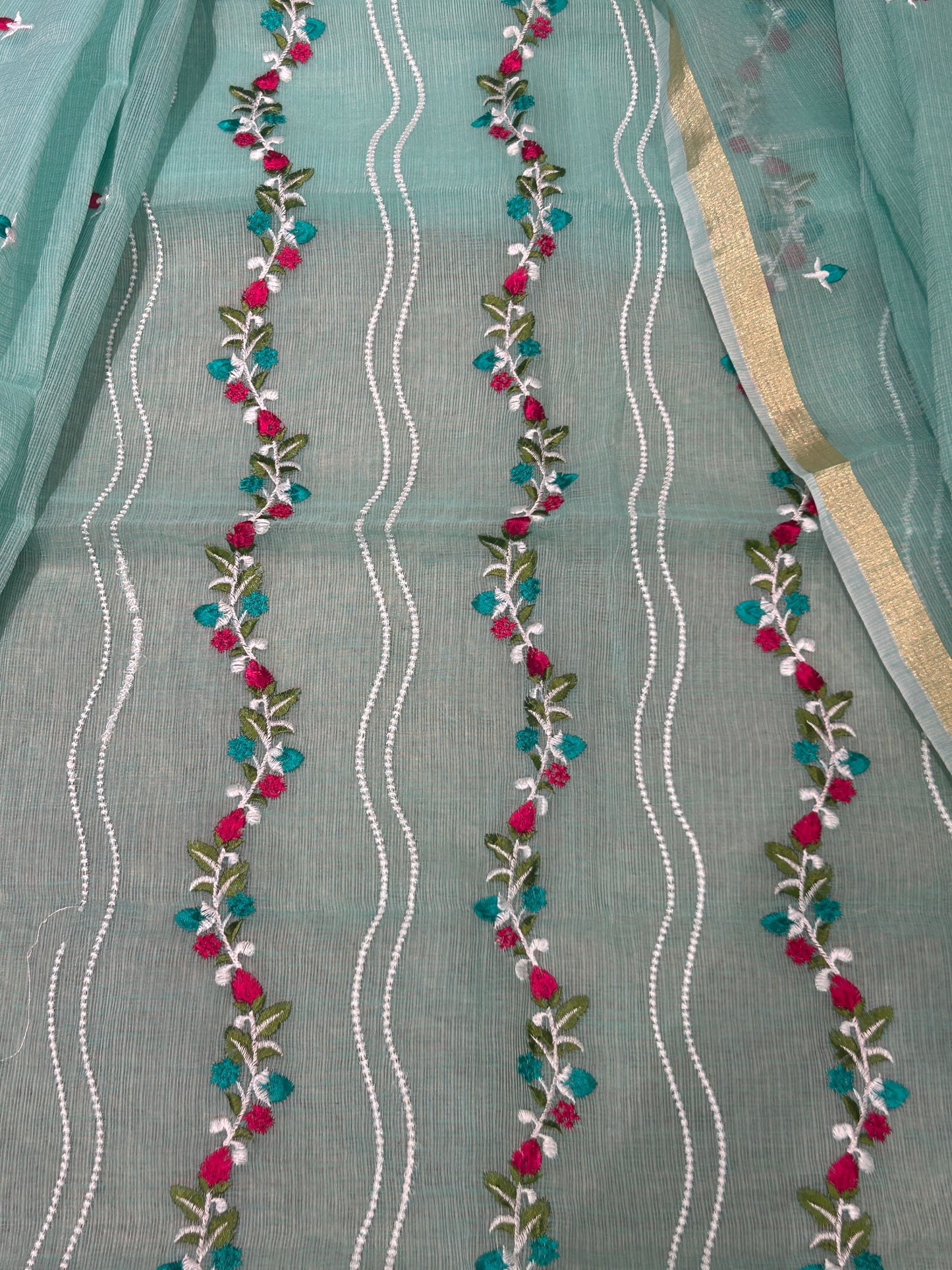 Sea Green Mix Cotton Embroidered Unstitched Suit Set