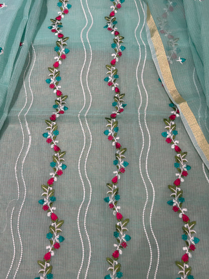 Sea Green Mix Cotton Embroidered Unstitched Suit Set