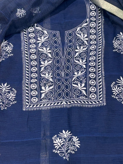 Navy Blue Mix Cotton Kota Doria Unstitched Suit Set