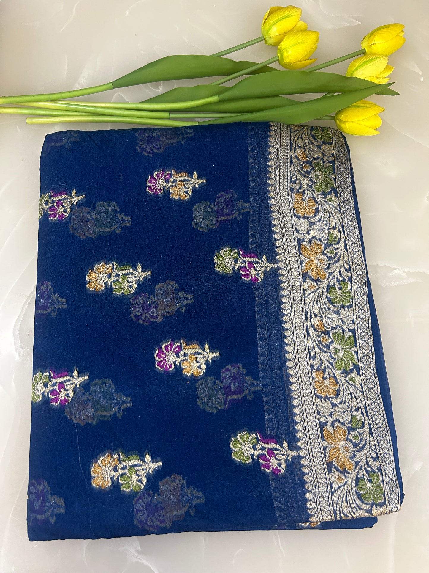 Authentic Handloom Pure Khaddi Georgette Banarasi Saree – Midnight Navy Blue with Meenakari Weaving