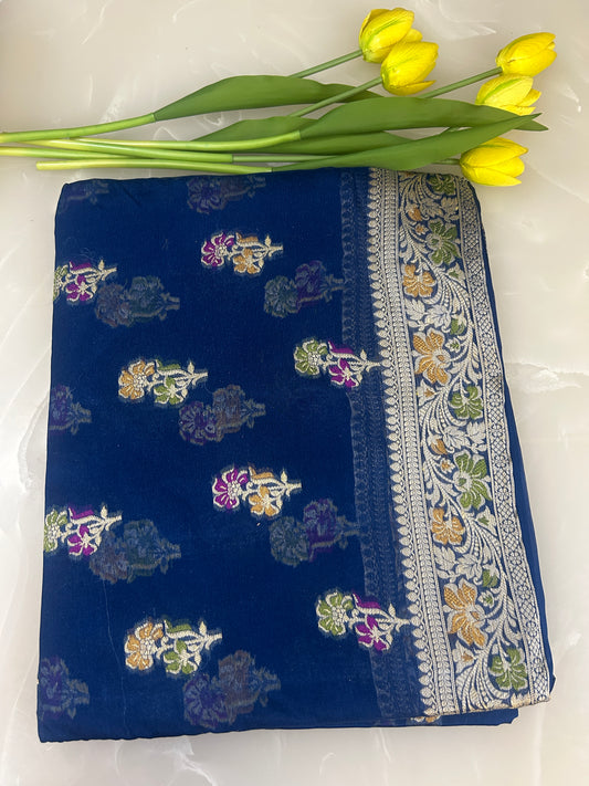 Authentic Handloom Pure Khaddi Georgette Banarasi Saree – Midnight Navy Blue with Meenakari Weaving