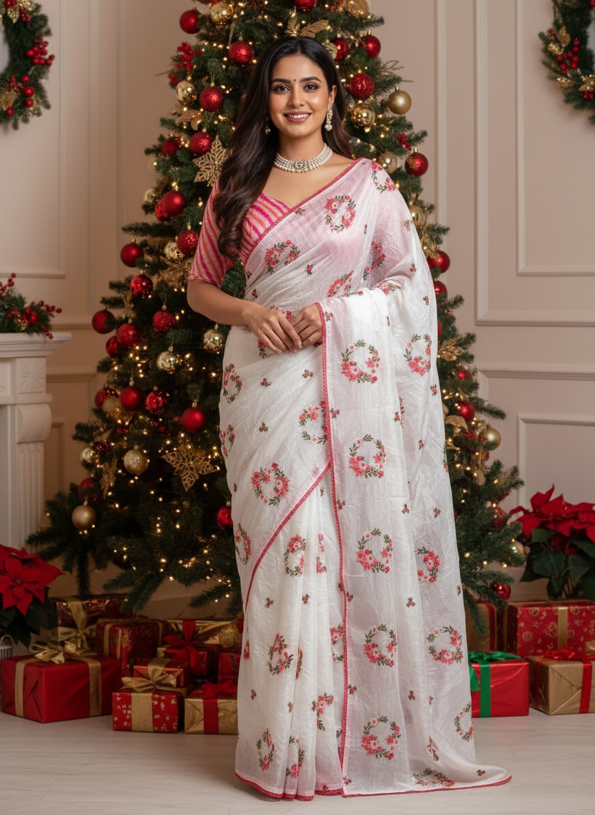 Elegant Off white Paper Crush Organza Saree with Floral Wreath Embroidery & Contrast Blouse – Christmas Edition
