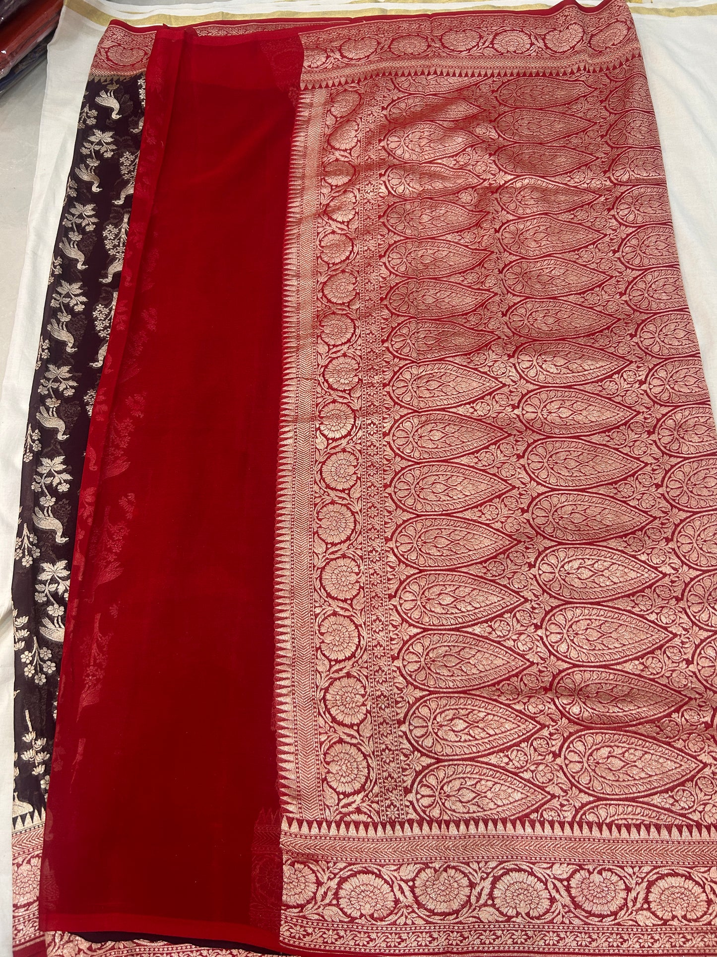 Dark coffee brown Handwoven Handloom Khaddi Georgette Banarasi Saree with contrast red blouse