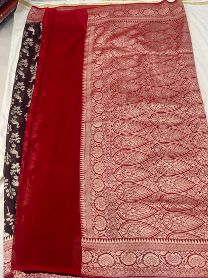 Dark coffee brown Handwoven Handloom Khaddi Georgette Banarasi Saree with contrast red blouse